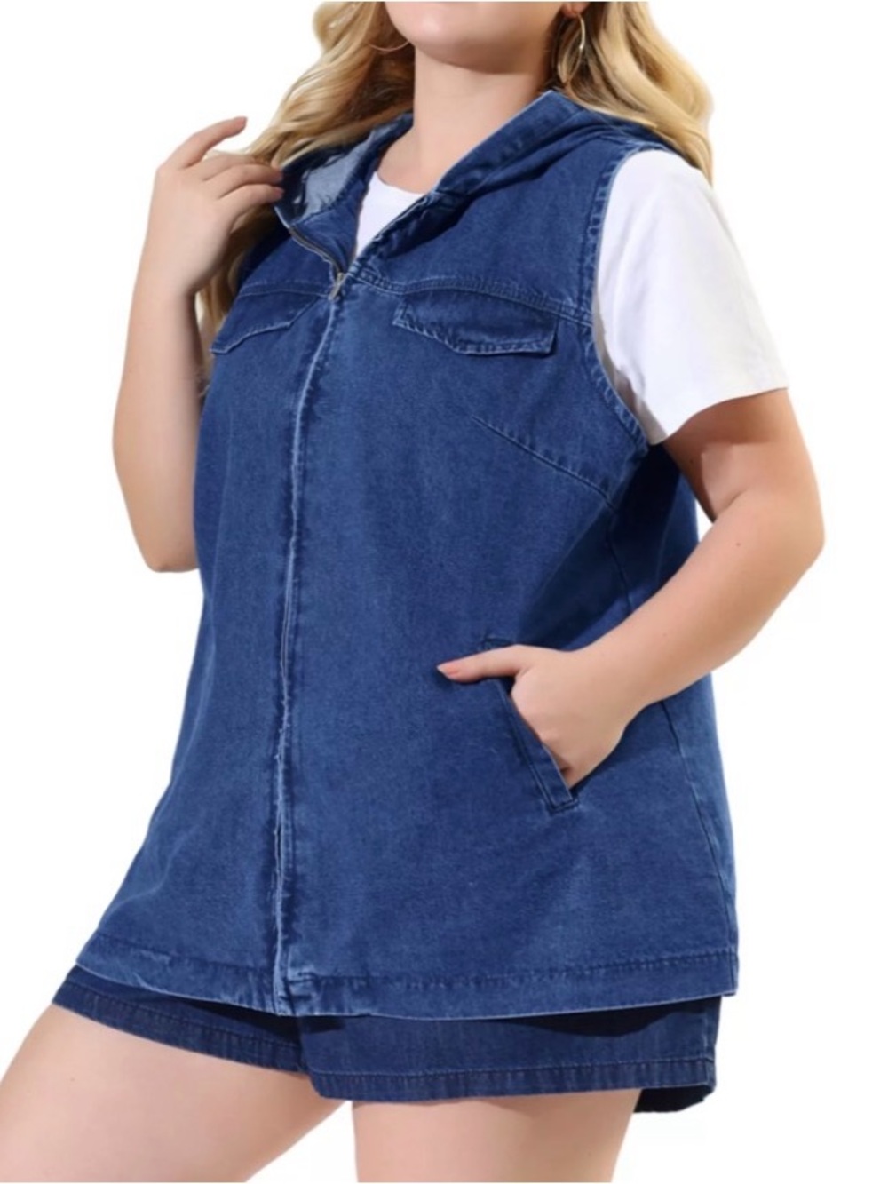 Women Plus Size Hoodie Zipper Up Pocket Denim Oversized Sleeveless Jean Jackets